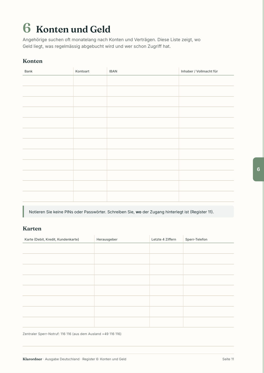 Seite aus Register 6: Konten und Geld